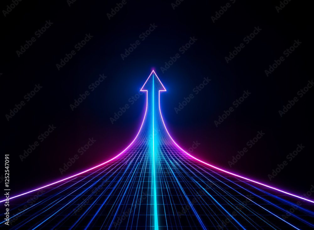 Poster illuminated neon arrow points upward against a dark backdrop, with converging lines creating motion 