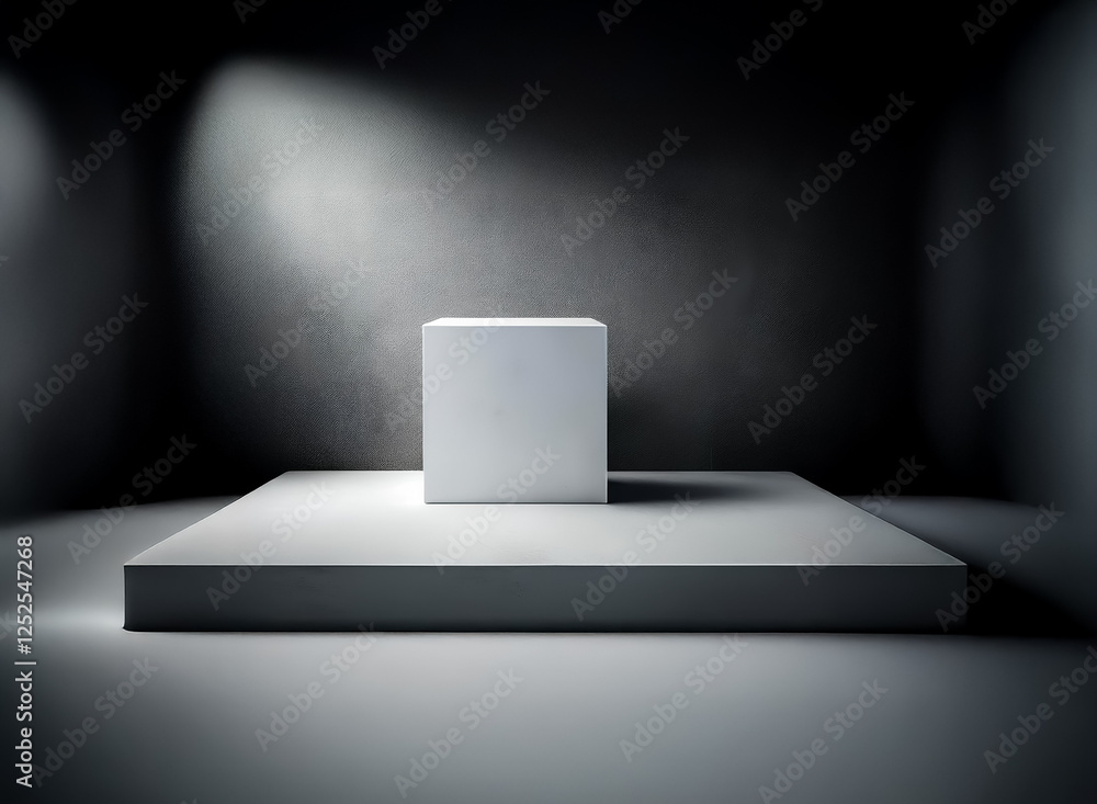 Poster simple, minimalist composition of a white cube on a platform in a dark room. spotlights create drama