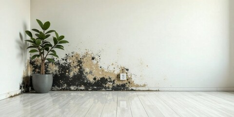 A potted plant sits near a wall with significant water damage and mold growth, showcasing the need for home repair and restoration services.