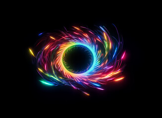 Vibrant, swirling light trails encircle a dark central void, creating a dynamic, abstract vortex effect against a stark black backdrop. Rainbow colors radiate outwards.