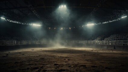 Desolate rodeo arena lit harshly, with smoke drifting through empty stands.


