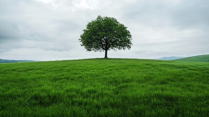 Obraz premium Lone tree on grassy hill, cloudy sky, peaceful landscape, nature background, ideal for serenity themes
