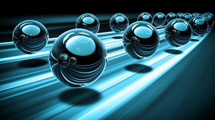 Abstract Blue Spheres Rolling on a Track