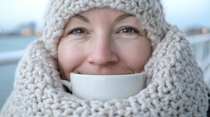 Woman with Knitted Scarf and Coffee Cup. Smiling outside. Possible use in travel catalog