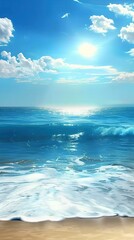 Serene ocean scene with crystal-clear waters and white sandy beaches, showcasing the beauty of nature's landscapes. Blue sky with fluffy clouds adds to the picturesque appearance