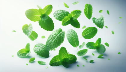 Mint leaves falling, floating in the air, on a white background, focus.