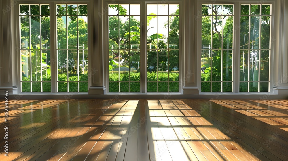 Aufkleber sunlight streams through large windows in an empty room with wood floors.