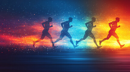 Fototapeta premium Silhouette Runners Dynamic Energy Abstract Motion Night Race Sport red fast blue speed power active 