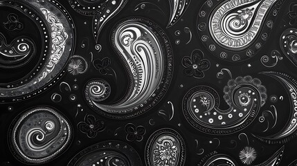 Black and white paisley textile inspired illustration