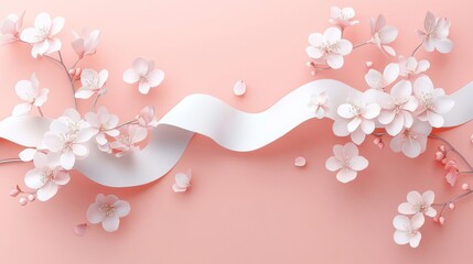 Elegant Pink Cherry Blossoms with White Ribbon on a Pink Background for a Delicate Floral Theme