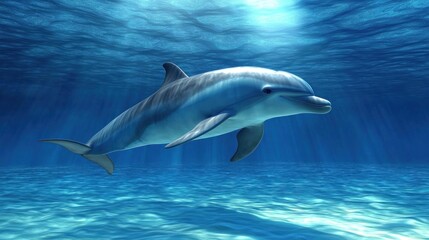 Naklejka premium A dolphin diving into the deep blue ocean waters