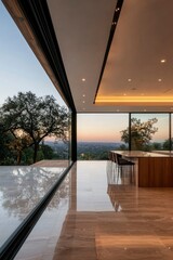 Fototapeta premium Contemporary Kitchen with Open View at Sunset for Interior Design