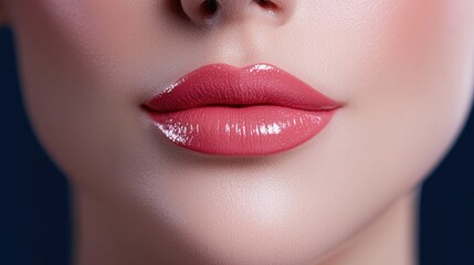 Fototapeta premium Close-up of woman's lips with glossy pink lipstick. Possible use Beauty product advertisement
