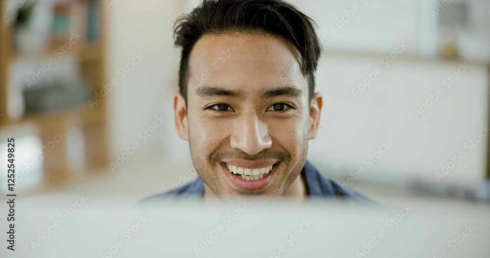 Poster computer, reading and face of business man in office for planning, online project and website at des