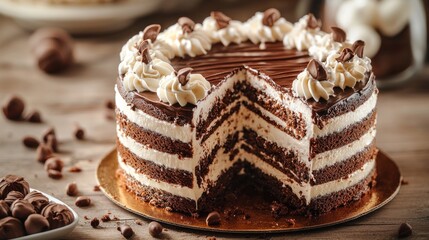 A beautiful, multi-layered cake with creamy filling and decorations.