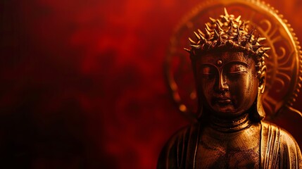 A golden Buddha statue against a red background with smoke and light.