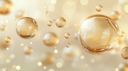 Fototapeta premium Golden Cosmetic Serum Oil Droplets on Cream Gradient Background