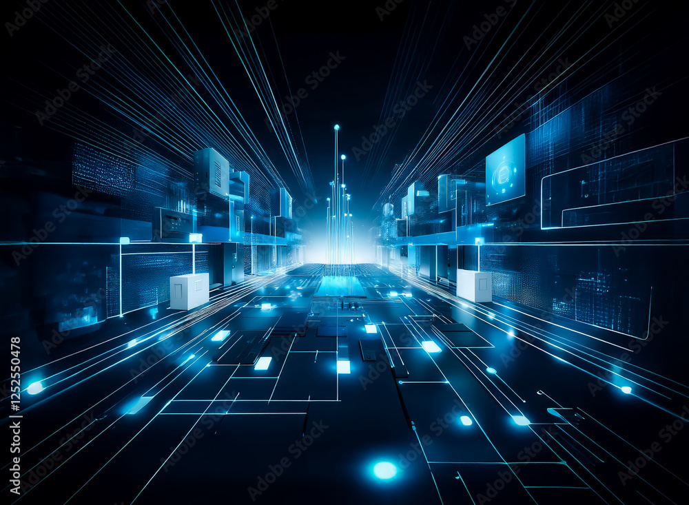 Aufkleber futuristic digital space with glowing blue lines and perspective grid. represents advanced technolog