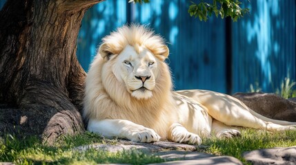 Naklejka premium Majestic white lion resting under tree, zoo enclosure, sunny day, wildlife conservation