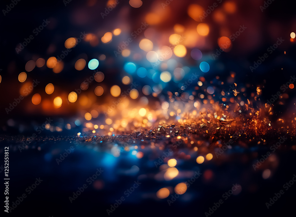 Poster blurred bokeh lights in orange and blue hues create a dreamy and abstract background against the dar
