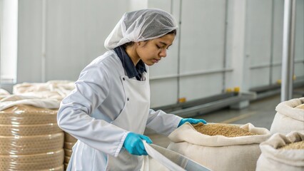 Indian Factory staff in Agro-Processing Plant Portrait – A worker handling grains, spices, or packaged food products in an agricultural processing unit.
