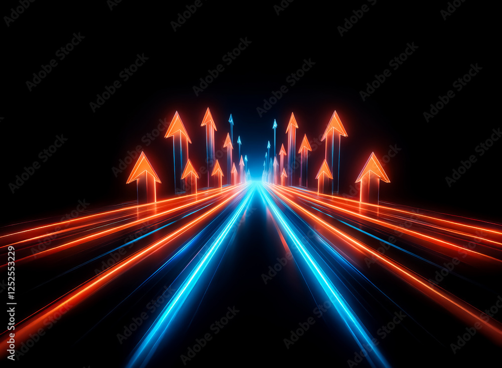 Poster dynamic image with glowing blue and orange lines converging and transforming into upward-pointing ar