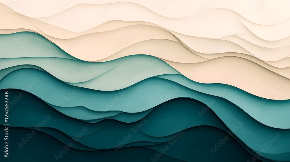Poster serene abstract wave patterns in muted teal and beige tones with central empty space