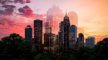 Captivating Cityscape:Modern Skyscrapers against Vibrant Sunset Sky