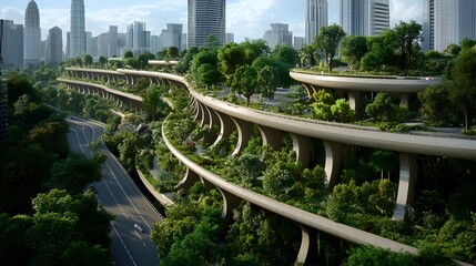 Fototapeta premium Futuristic Cityscape with Elevated Urban Walkways and Layered Roads Weaving Through Lush Green