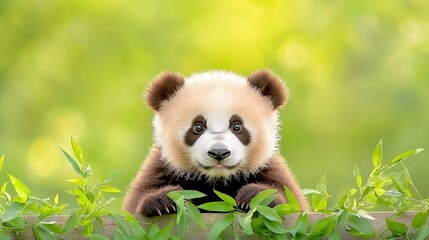 Adorable panda cub peering over foliage, lush green background, perfect for children's book