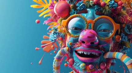 Fototapeta premium Vibrant Digital Art, A Joyful, Colorful Portrait Adorned with Whimsical, Abstract Floral Elements and Candy-like Details.