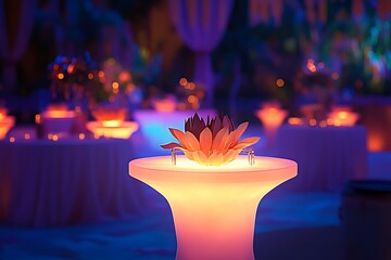A beautiful party scene featuring tables adorned with luminous centerpieces, glowing softly against a backdrop of jubilant decorations and ambience.
