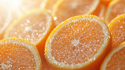Vibrant close-up of juicy orange halves arranged on a warm-toned surface, highlighting their freshness and bright citrus texture.  