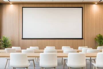 A modern conference room featuring a blank projection screen, white chairs, and a minimalist wooden design.