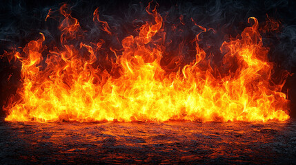 Fire flames burning intensely on dark background, ideal for dramatic effect