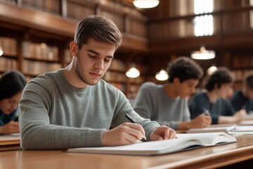 Fototapeta premium A focused student writes in a book at a library, surrounded by others engaged in studying, creating a serene academic environment.