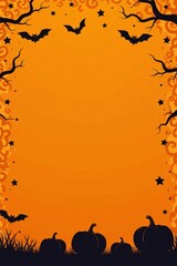 A Spooky Halloween Celebration Background Featuring Bats, Pumpkins, and Stars on an Orange Sky