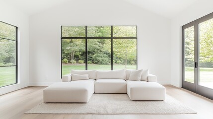 Fototapeta premium Modern sectional sofa in bright living room, overlooking garden