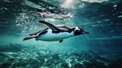Penguin swimming underwater, ocean sunlight, seabed background; wildlife documentary
