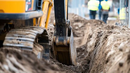 A detailed shot of an excavation crew using a backhoe to dig trenches for underground utilities at a commercial development site, Commercial development excavation scene, Utility installation style