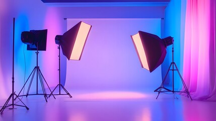 Studio Setup with Pink and Blue Lighting: Two professional photography softboxes illuminate a vibrant studio space, bathed in a captivating blend of pink and blue hues.