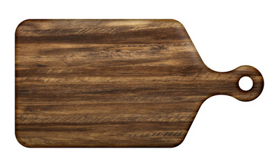 Wooden cutting board with handle and natural grain texture, isolated on transparent background, ideal for food styling or kitchen decor.