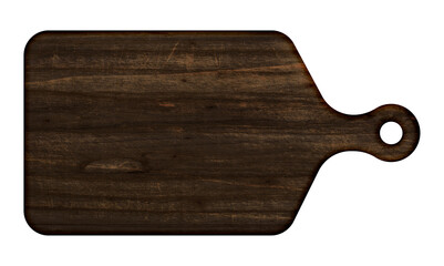 Dark wooden cutting board with handle and natural grain texture, isolated on transparent background, ideal for food styling or kitchen decor.