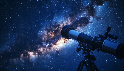 A telescope pointed at the night sky with stars