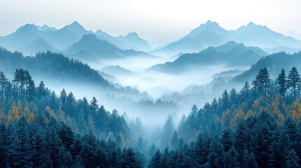Obraz premium Misty mountain valley with pine forest, tranquil nature scene