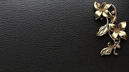 Golden floral design on black leather background