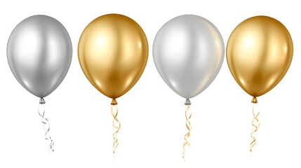 Elegant Balloons: A set of four metallic balloons, two gold and two silver, arranged in a simple yet elegant pattern, each with a curling ribbon.  Perfect for celebrations and festive occasions. 