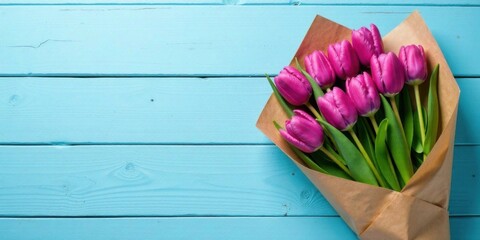 A vibrant bouquet of magenta tulips elegantly arranged in kraft paper, nestled on a light blue wooden surface, offering a delightful spring ambiance and ample copy space