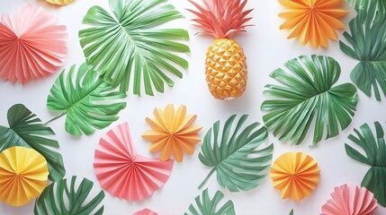 Fototapeta premium Tropical Paradise Flatlay: A vibrant and cheerful flatlay featuring a pineapple, tropical leaves, and colorful paper fans, capturing the essence of summer and exotic vacations. 