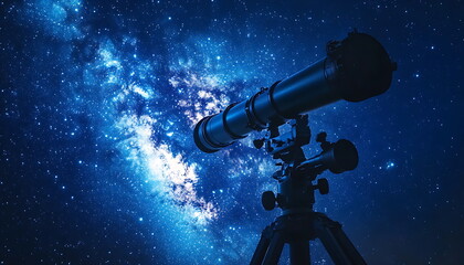 A telescope pointed at the night sky with stars